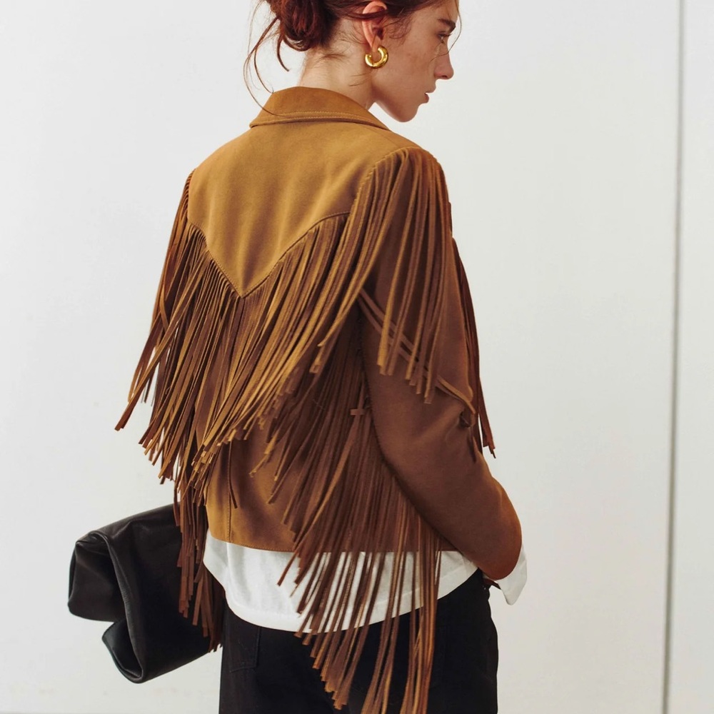 Hemi Blurr Goatskin Fringe Suede Jacket in Tan